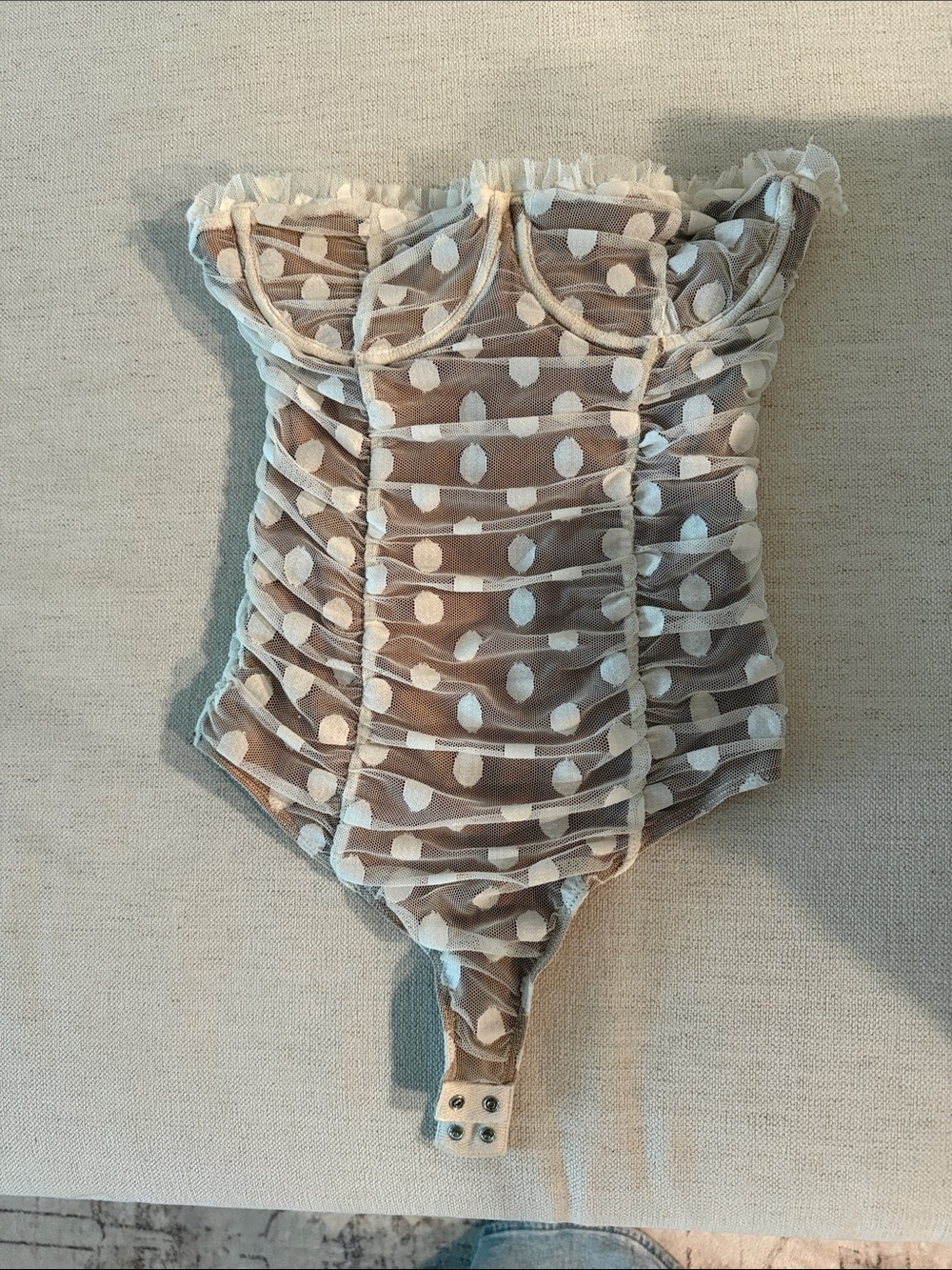 MAJORELLE Beige and White Polka Dot Lace-Overlay Bodysuit
